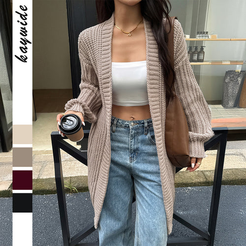 Damen lange Grobstrick-Cardigan mit offener Front und Ballonärmeln – Veloura