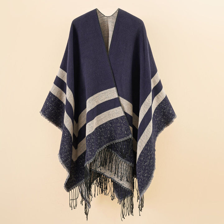 Damen Oversize-Ruana aus Wollmix mit kontrastierten Querstreifen und Fransensaum Echo Archiv