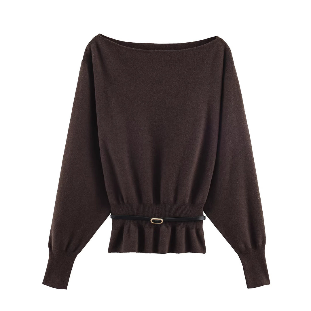Damen Oversize-Strickpullover mit U-Boot-Ausschnitt, Fledermausärmeln, gerafftem Rippbund und Taillengürtel Echo Archiv