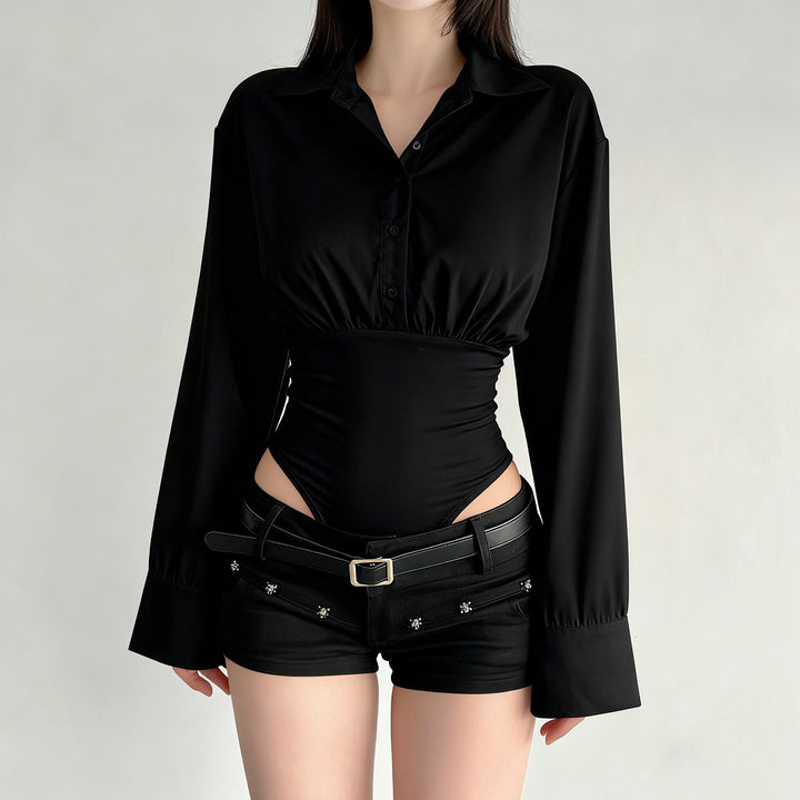 Damen eleganter Bodysuit mit feinem Kragen und Knopfdetails Echo Archiv