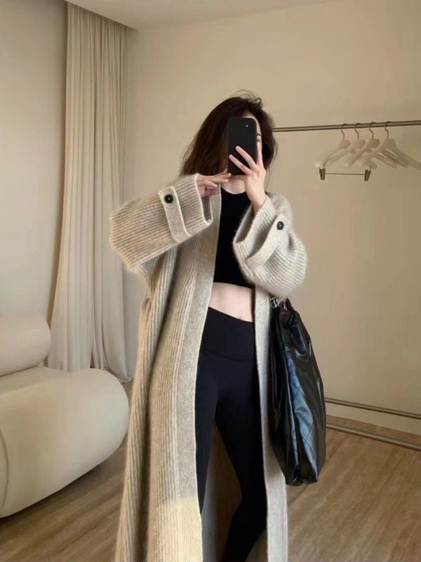 Damen Maxi-Longcardigan aus weichem Rippenstrick mit breiten Manschetten Echoarchiv