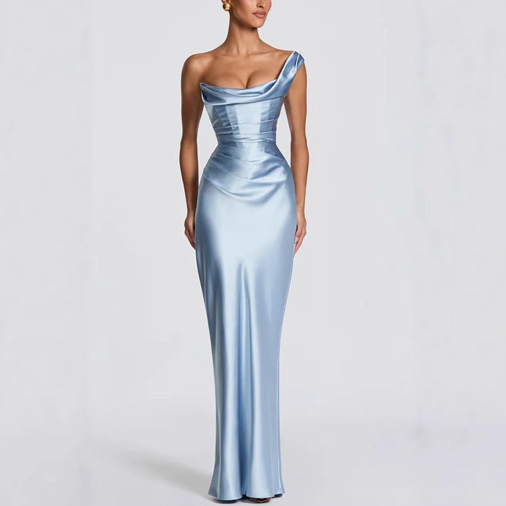 Damen Elegantes Maxikleid mit asymmetrischem Oberteil und fließendem Satin Echoarchiv