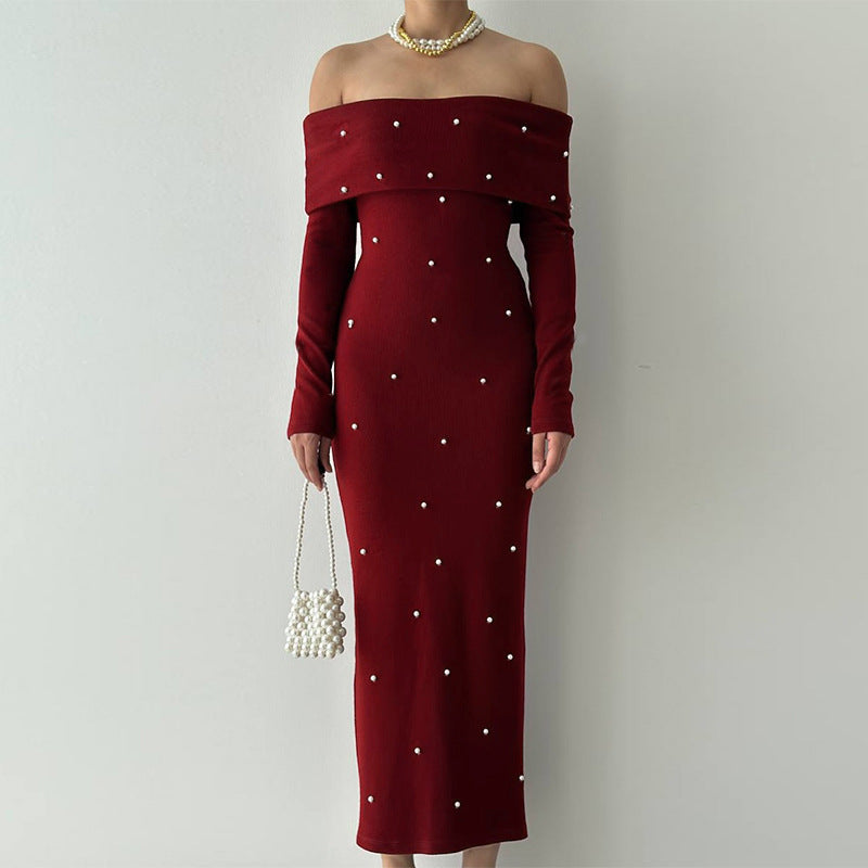 Damen schulterfreies Maxikleid mit eleganter Perlenverzierung und figurbetontem Schnitt Echo Archiv