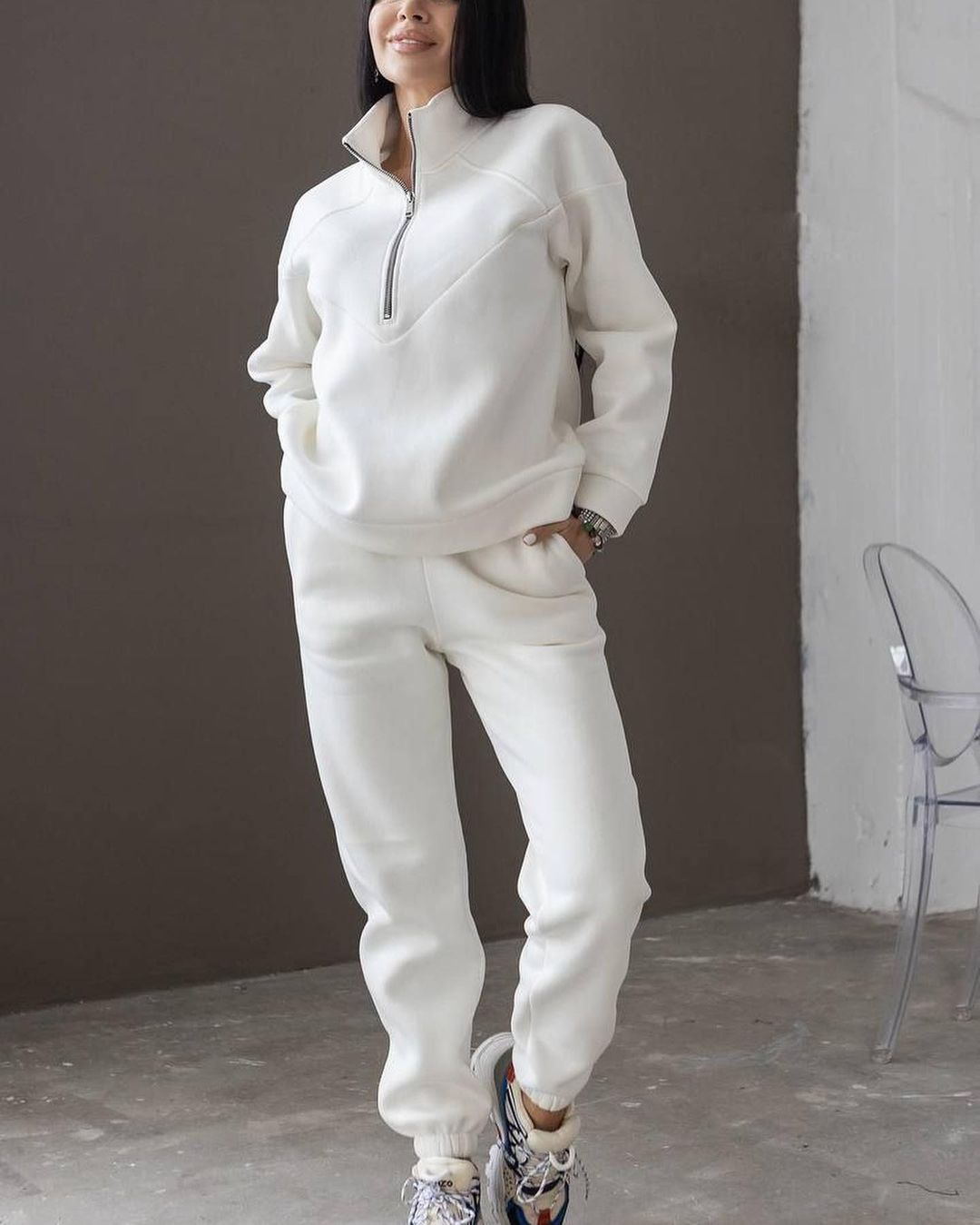 Damen Zweiteiliges Sweat-Loungewear-Set mit Troyer-Reißverschluss und elastischer Jogginghose Echoarchiv