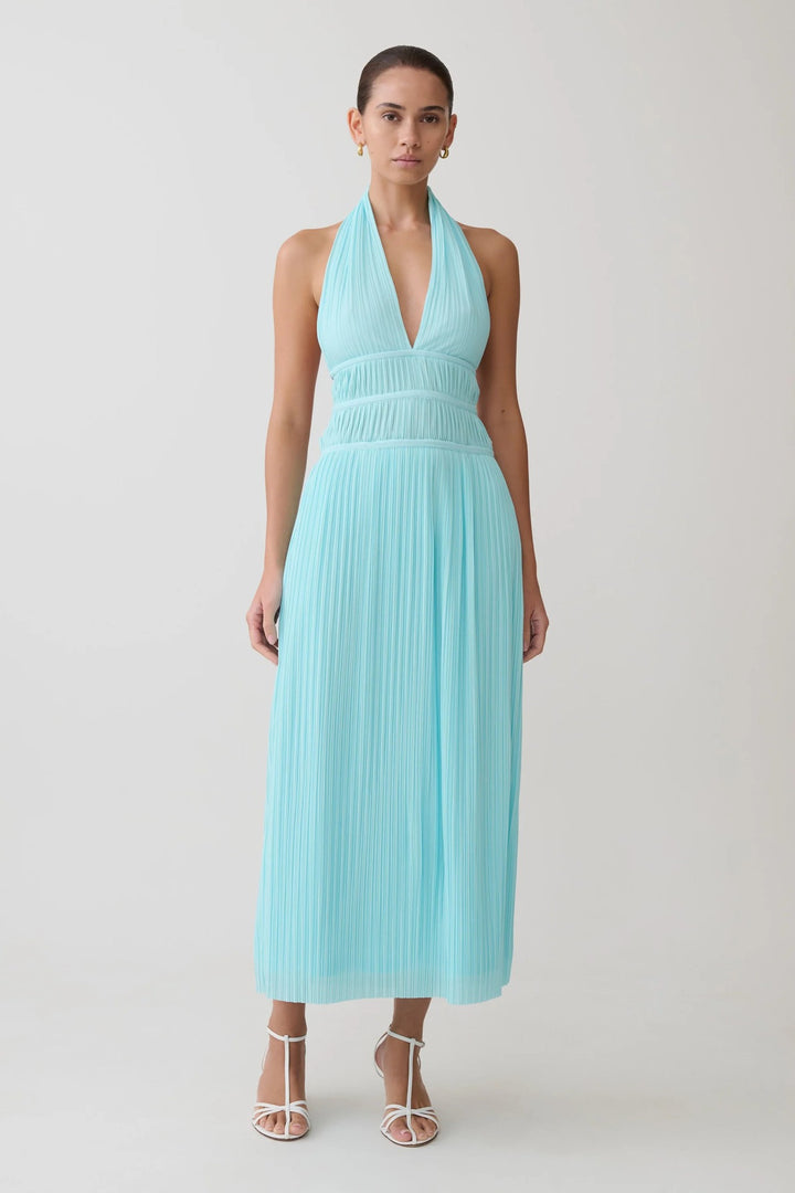 Damen Fließendes Maxikleid mit tiefem V-Ausschnitt und Plisseedetails Echo Archiv