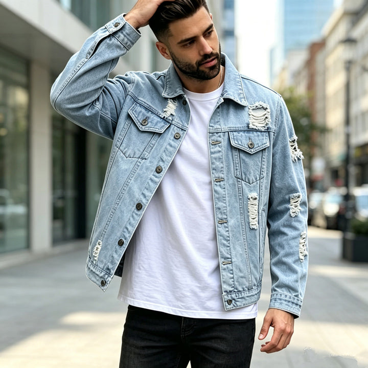 Herren Modische Denimjacke mit Destroyed-Details Echoarchiv