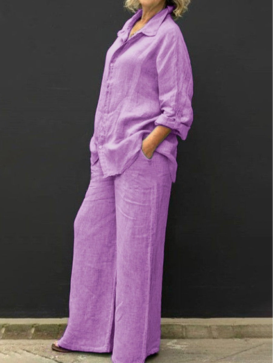 Damen Entspanntes Leinen-Set mit Oversize-Hemd und weiter Palazzo-Hose Echo Archiv