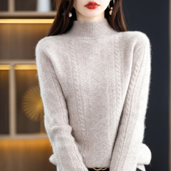 Damen Weicher Mohair‑Optik Mockneck‑Pullover mit Zopfmotiv und feinem Rippkragen Echoarchiv