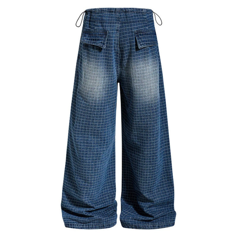 Damen Weite High‑Waist Culotte-Jeans mit Kordelzug, Karomuster und verstellbarem Saum Echoarchiv
