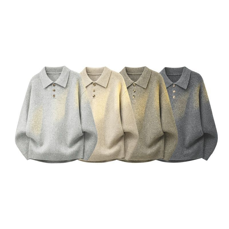 Damen Oversize Polokragen-Strickpullover mit Knopfleiste und geripptem Saum Echoarchiv