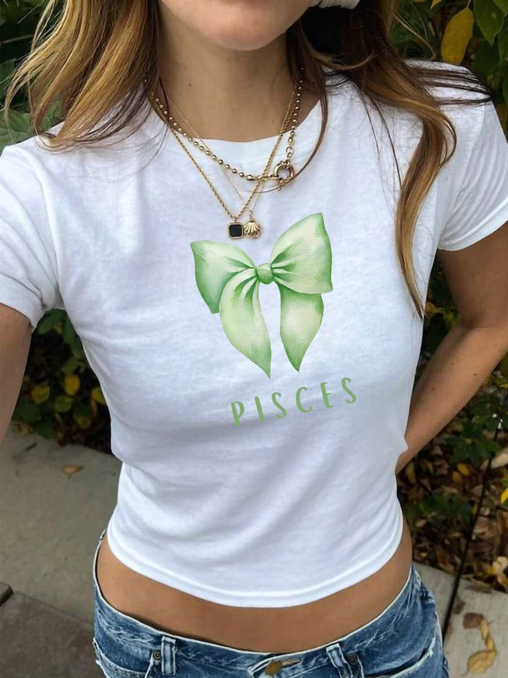 Damen Crop-Shirt mit charmantem Schleifenmotiv und astrologischem Druck Echo Archiv