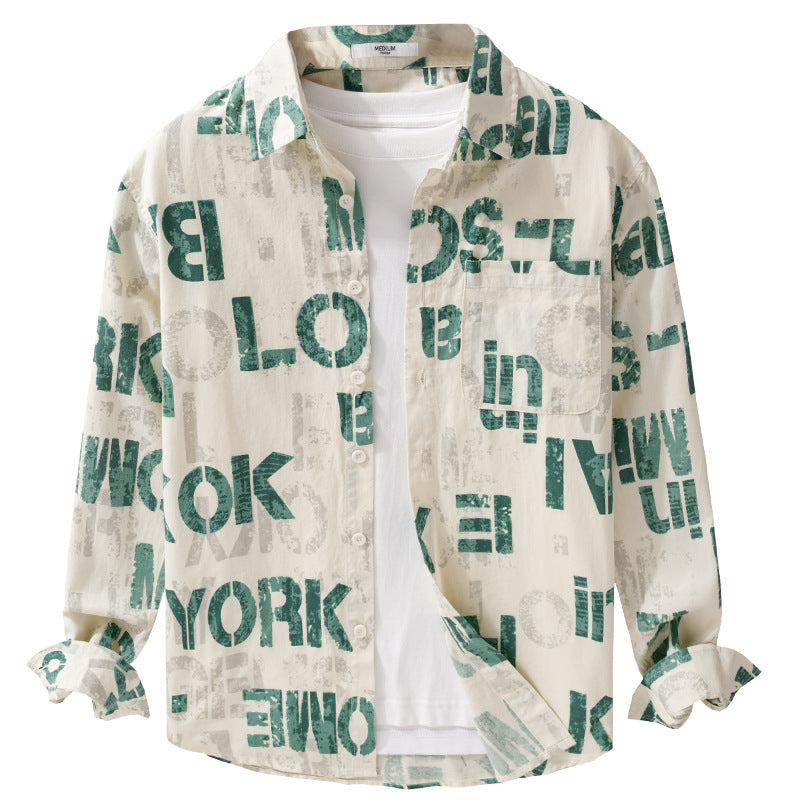 Herren Bedrucktes Leichtes Langarm-Hemd im Relaxed-Fit mit Typo-Print und Brusttasche Echoarchiv