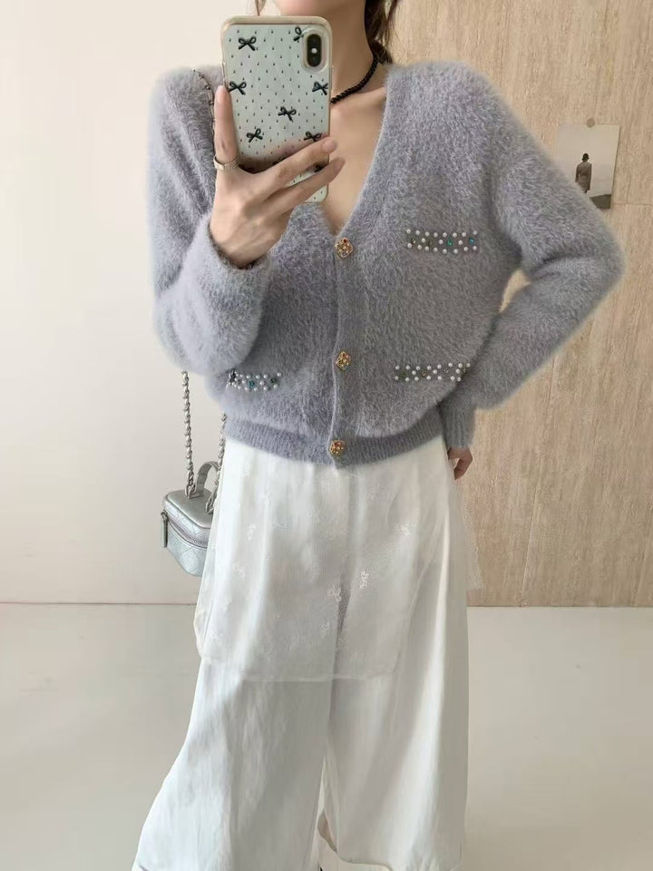 Damen Verspielter V-Ausschnitt Cardigan mit Perlen Echo Archiv