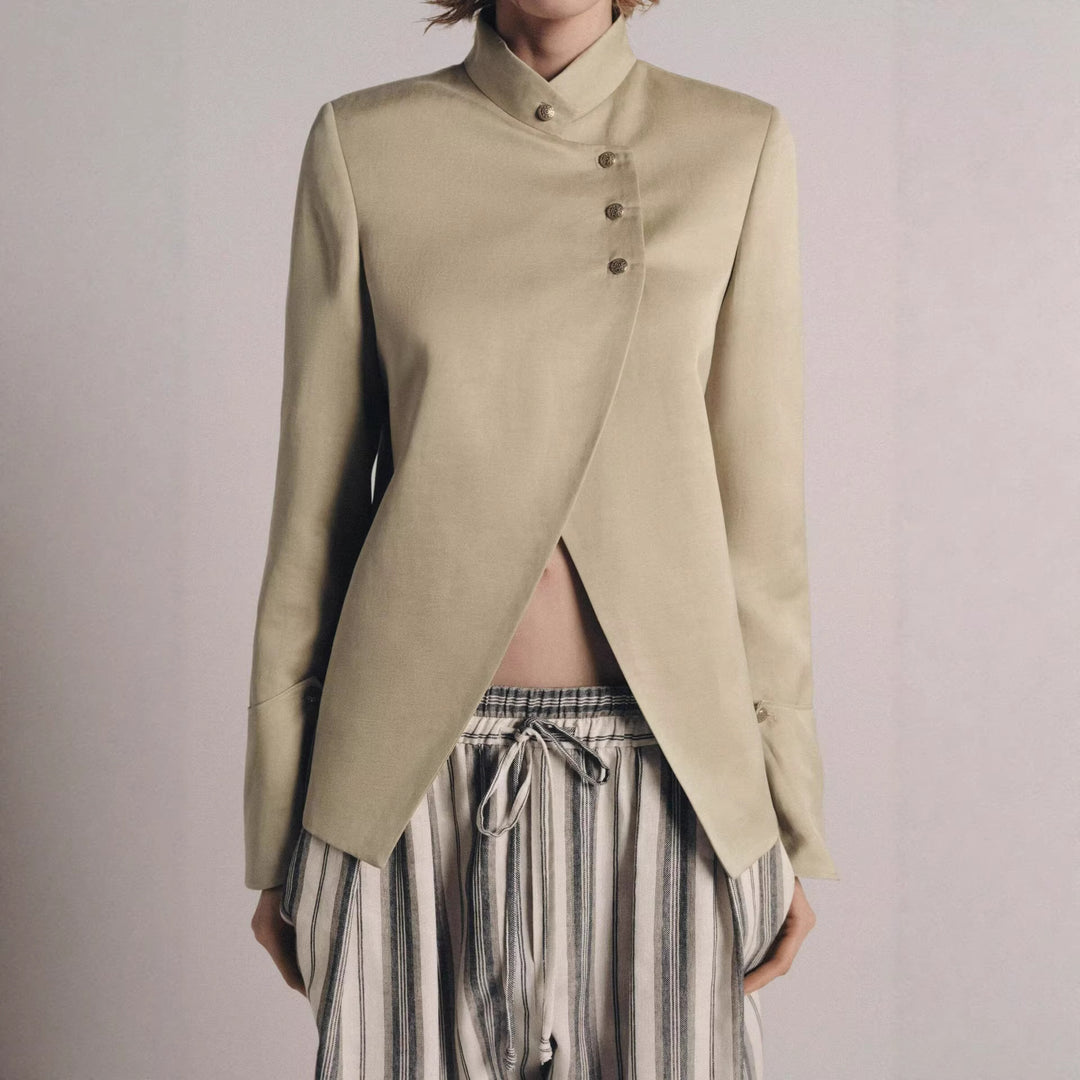 Damen Elegantes Cape-Kurzmantel mit Stehkragen, asymmetrischem Überschlag und Ärmelklappen Echoarchiv