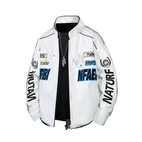 Men's patch-detail street-style zip-up jacket with stand collar and graphic sleeve prints – Taviero