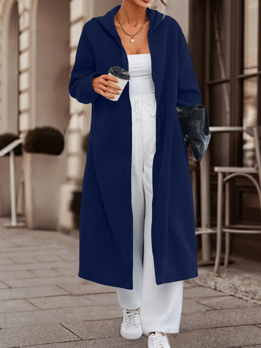 Damen Langer Oversize Kapuzenmantel mit offener Front und weichem Fleece – Célinea