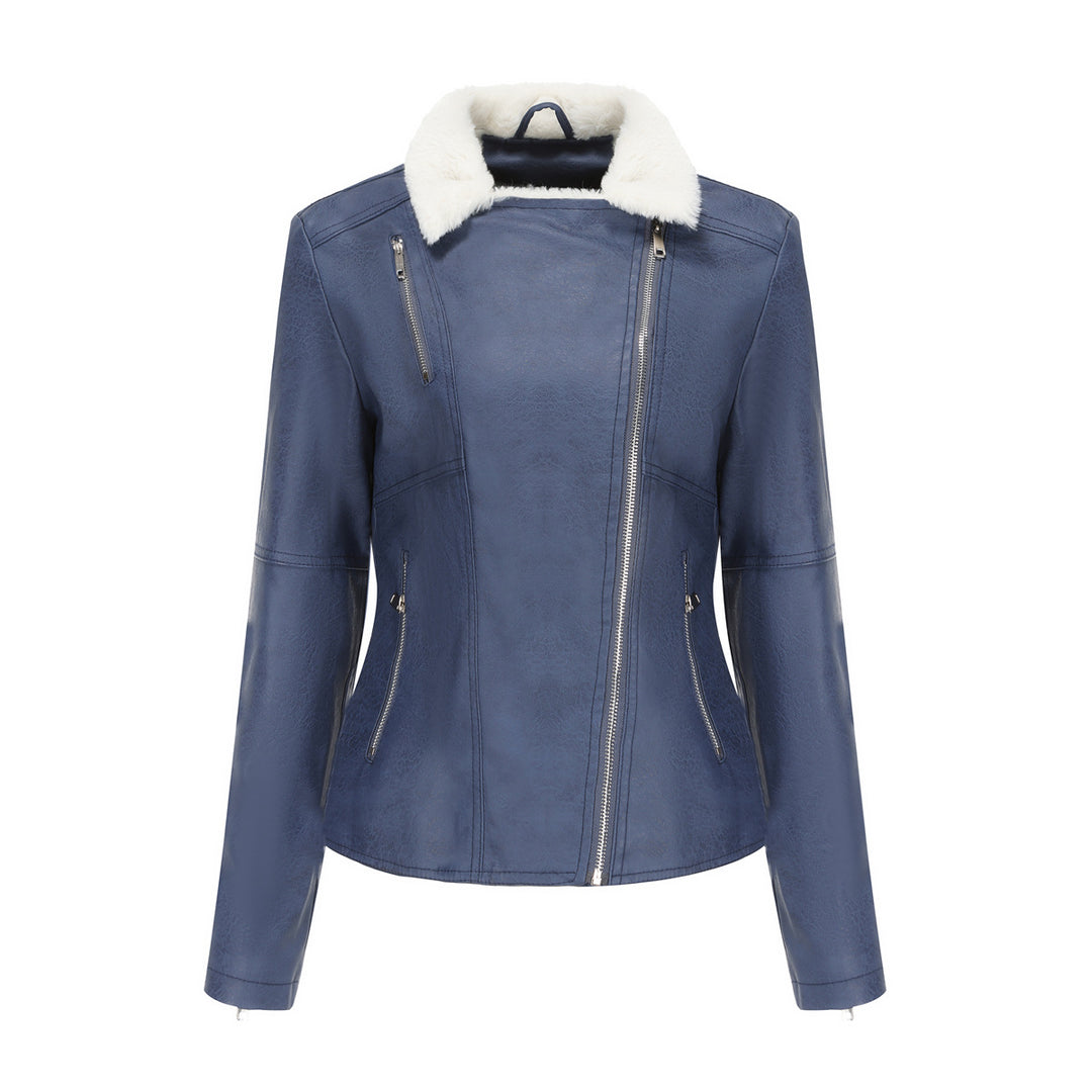 Damen nan taillierte Kunstleder-Bikerjacke mit abnehmbarem Kunstfellkragen und schrägem Reißverschluss Echo Archiv