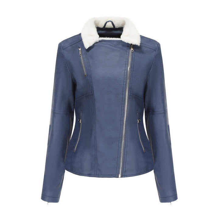Damen nan taillierte Kunstleder-Bikerjacke mit abnehmbarem Kunstfellkragen und schrägem Reißverschluss Echo Archiv