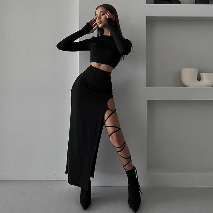 Damen Elegantes Crop-Top mit asymmetrischem Rock und raffiniertem Bein-Schlitz Echo Archiv