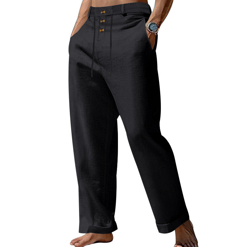 Herren lässige Leinenhose mit verstellbarem Bund und eleganten Knopfdetails Echoarchiv