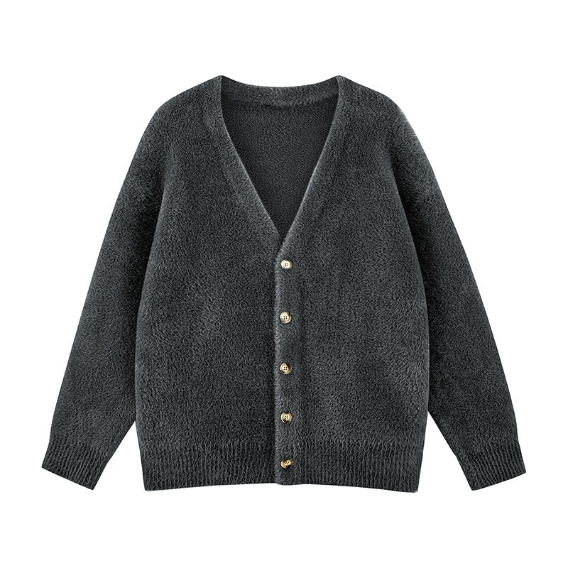 Damen Oversize Teddy-Strickcardigan mit V‑Ausschnitt und Holzknöpfen Echoarchiv