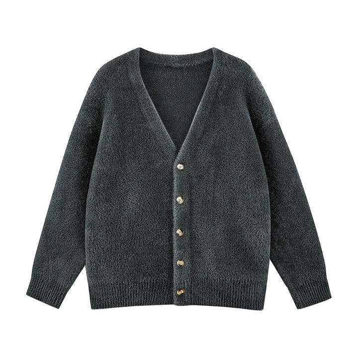 Damen Oversize Teddy-Strickcardigan mit V‑Ausschnitt und Holzknöpfen Echoarchiv