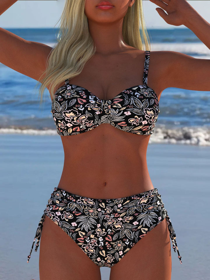 Damen Bandeau-Bikini-Set mit hochgeschnittenem Höschen und tropischem Blütenmuster Echo Archiv