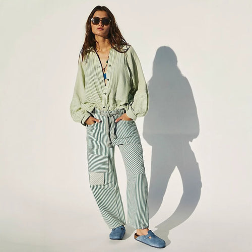 Damen nan lässige gestreifte Leinenhose mit Kordelzug und aufgesetzten Taschen Echo Archiv