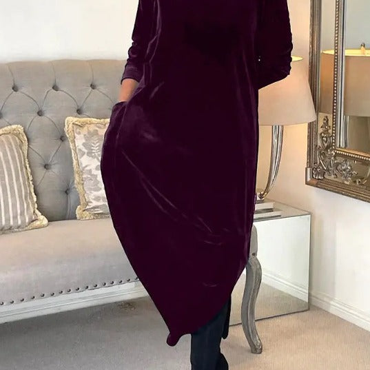 Damen Elegantes Samt Maxi Kleid mit Hohem Rollkragen, Seitentaschen und Lockere Silhouette Echoarchiv