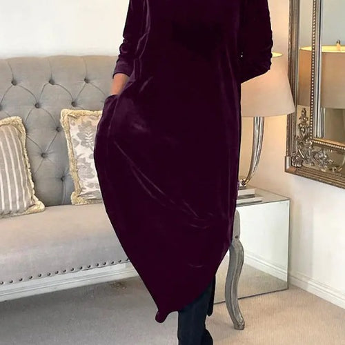 Damen Elegantes Samt Maxi Kleid mit Hohem Rollkragen, Seitentaschen und Lockere Silhouette Echoarchiv