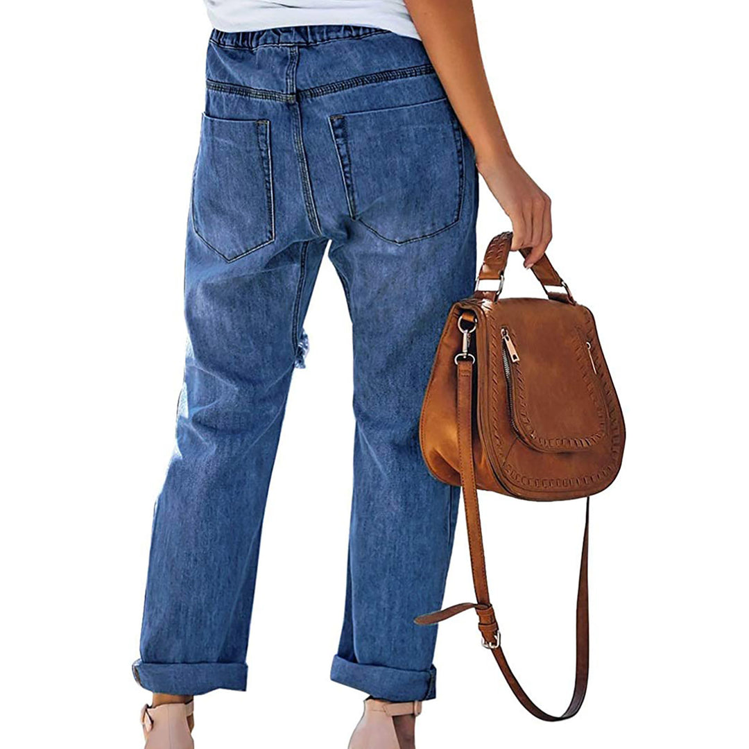 Damen nan lässige Destroyed-Denim-Jogger mit elastischem Kordelbund und aufgesetzten Fronttaschen Echo Archiv