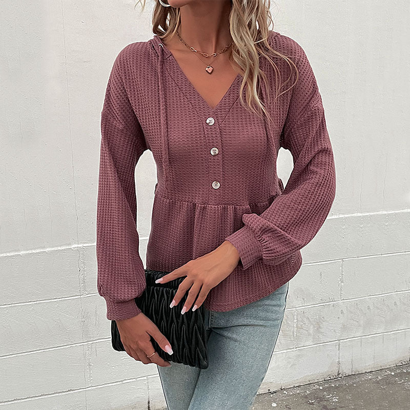 Damen Waffelstrick-Hoodie-Bluse mit V-Ausschnitt, Knopfleiste und geraffter Taillenpasse Echoarchiv
