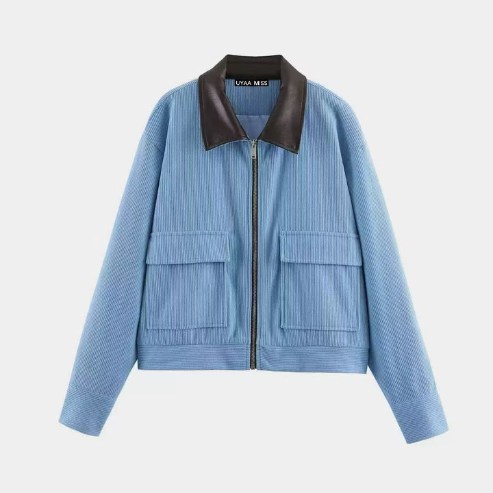 Damen Kurze Cordjacke im Blousonstil mit Lederkragen und aufgesetzten Klappentaschen Echo Archiv