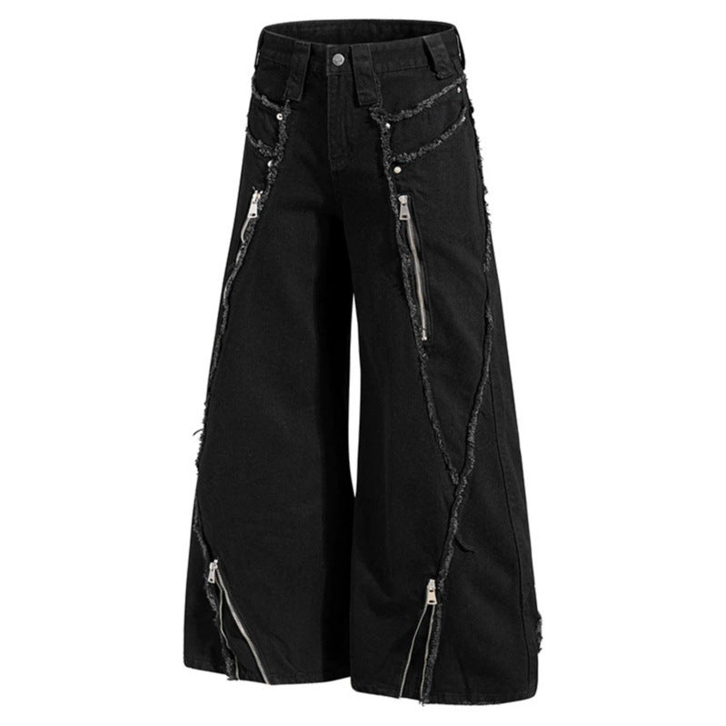 Damen weite Denim-Culotte mit Fransen-Details und Zipper-Akzenten Echoarchiv