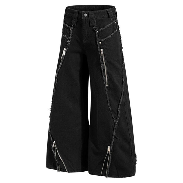 Damen weite Denim-Culotte mit Fransen-Details und Zipper-Akzenten Echoarchiv