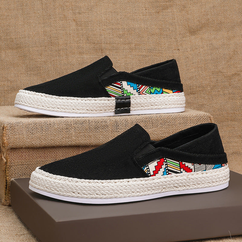 Damen Espadrille-Slipper aus Canvas mit geflochtener Jute-Sohle und farbigem Ethno-Detail Echoarchiv