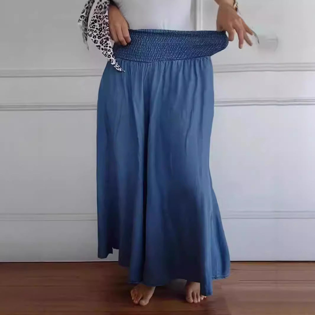 Damen-Maxi-Rock mit hohem Smockbund, weitem Fall und seitlichen Taschen – Valéora