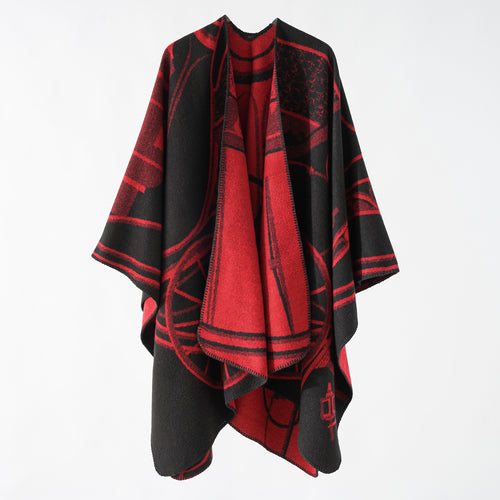 Damen Wollmix-Reversible Cape mit grafischem Jacquard und offenem Kimonofall – Montévia
