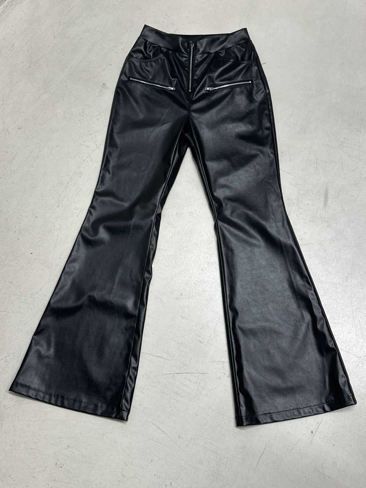 Damen Hochgeschnittene Kunstleder-Flared-Hose mit Frontreißverschluss und Zier-Reißverschlusstaschen – Avélisse
