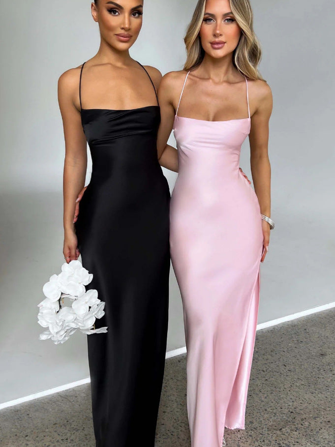 Damen Elegantes Maxikleid mit schmalen Spaghettiträgern und seitlichem Schlitz Echoarchiv