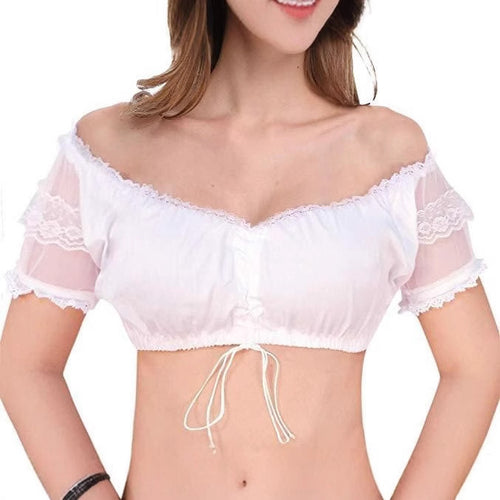 Damen  Dirndlbluse Carmen Ausschnitt mit Spitzenärmeln und Bindeband Echo Archiv