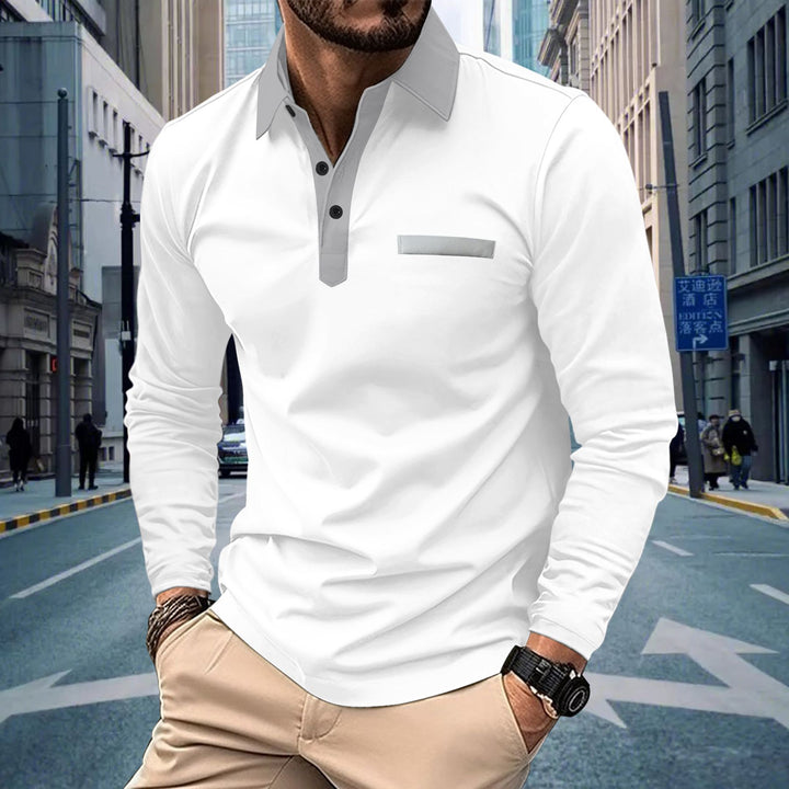 Herren Langarm Poloshirt mit modernem Stehkragen und raffiniertem Kontrastdesign Echoarchiv
