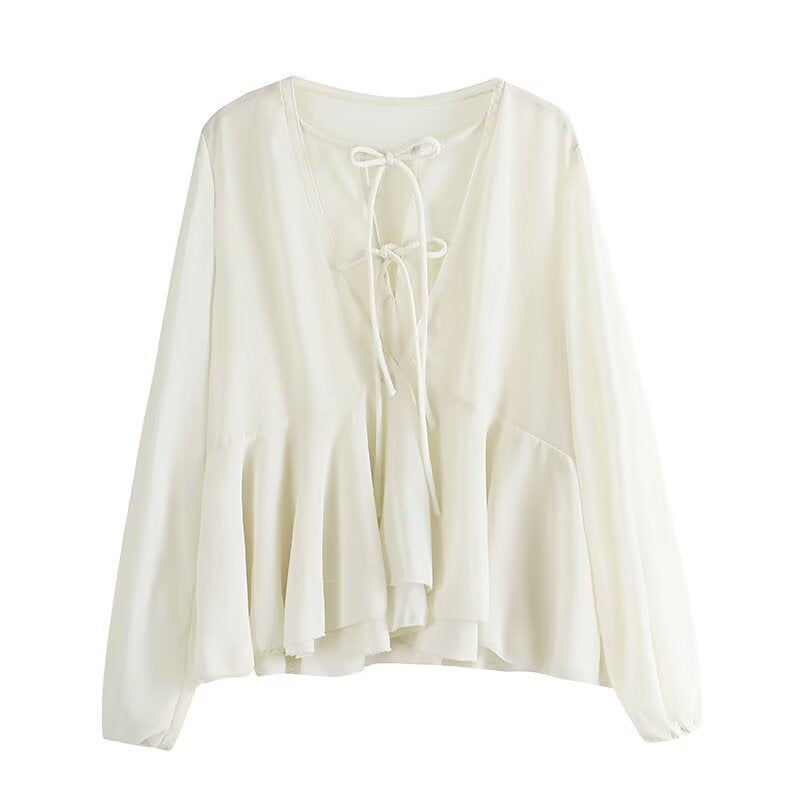 Damen Weiche Chiffonbluse mit Schnürung, V‑Ausschnitt und Volantsaum Echo Archiv
