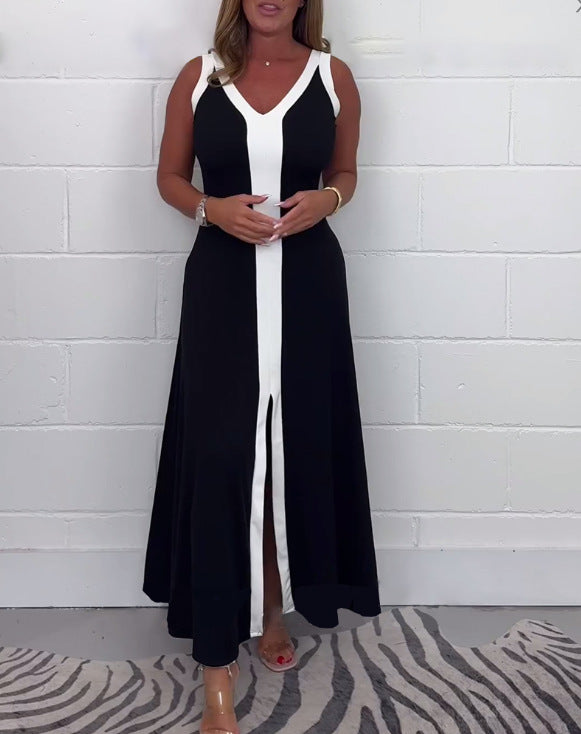 Damen nan tailliertes V-Ausschnitt-Bahnenkleid mit kontrastierender Mittelpasse und mittigem Frontschlitz Echo Archiv