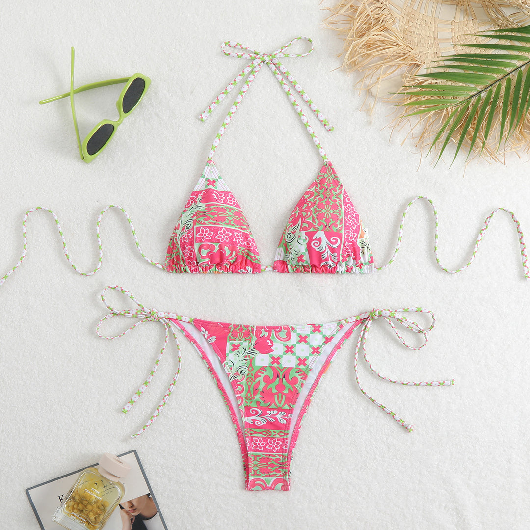 Damen Triangel-Bikini-Set mit verspieltem Blumenmuster und feinen Bindebändern Echo Archiv