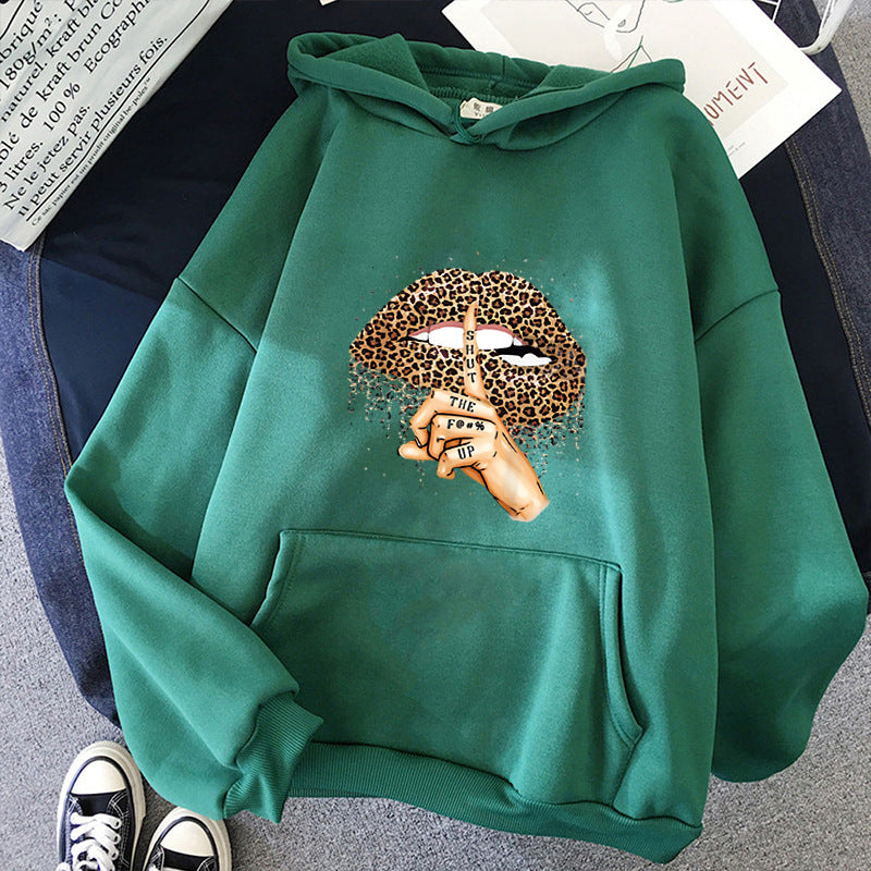 Damen oversized Fleece-Hoodie mit Leoparden-Lippen-Motiv, Kängurutasche und gerippten Bündchen – Auréline