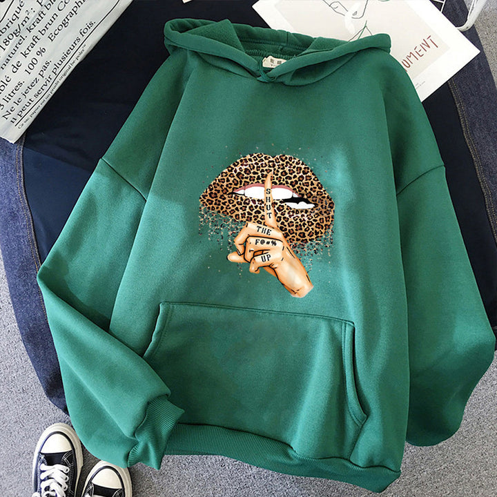 Damen oversized Fleece-Hoodie mit Leoparden-Lippen-Motiv, Kängurutasche und gerippten Bündchen – Auréline