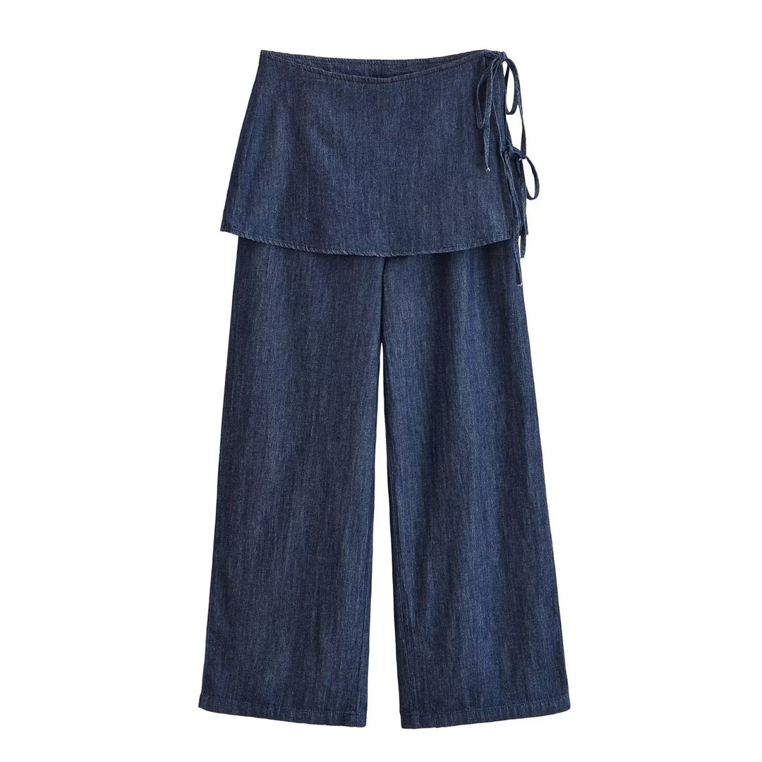 Damen Weite Denim-Hose mit Wickelrock-Overlay und Bindebändern Echo Archiv