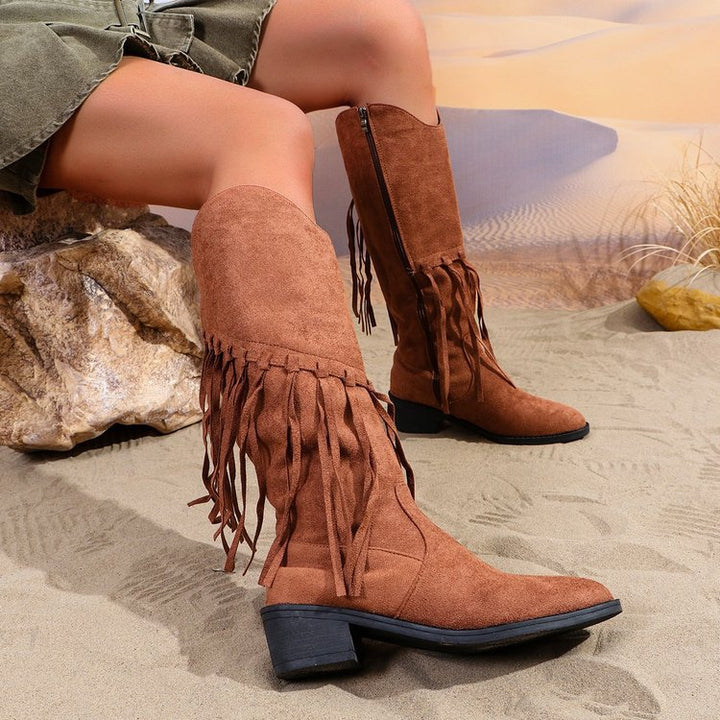 Damen Fransen-Cowboy-Stiefel aus Veloursleder mit spitzer Zehenkappe und seitlichem Reißverschluss Echo Archiv