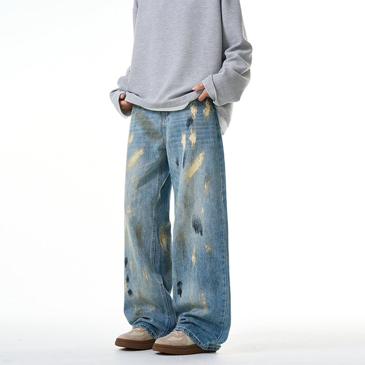 Damen Extraweite hochgeschnittene Baggy-Jeans mit künstlerischem Paint-Effekt Echo Archiv